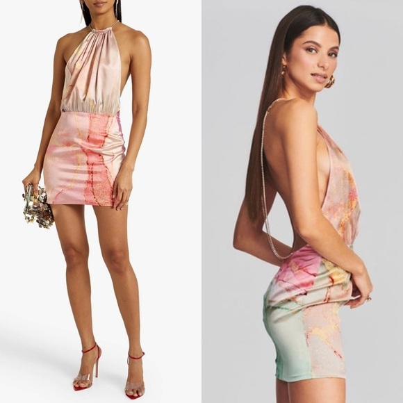 NWT RETROFETE Crystal Straps Watercolor Print Silk Halter Open Back Mini Dress L - Picture 2 of 8